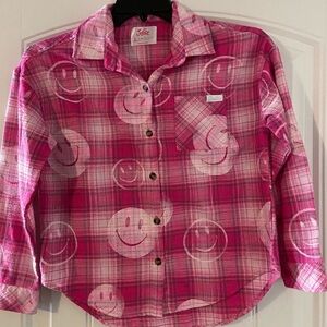 Justice Pink Plaid Shirt with Smiley Face